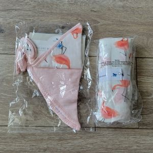 NWT Little Unicorn Deluxe Muslin Swaddle Blanket + Deluxe Bandana Bib Flamingo